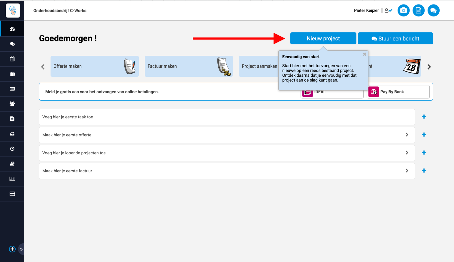 Leeg dashboard met knop Nieuw project