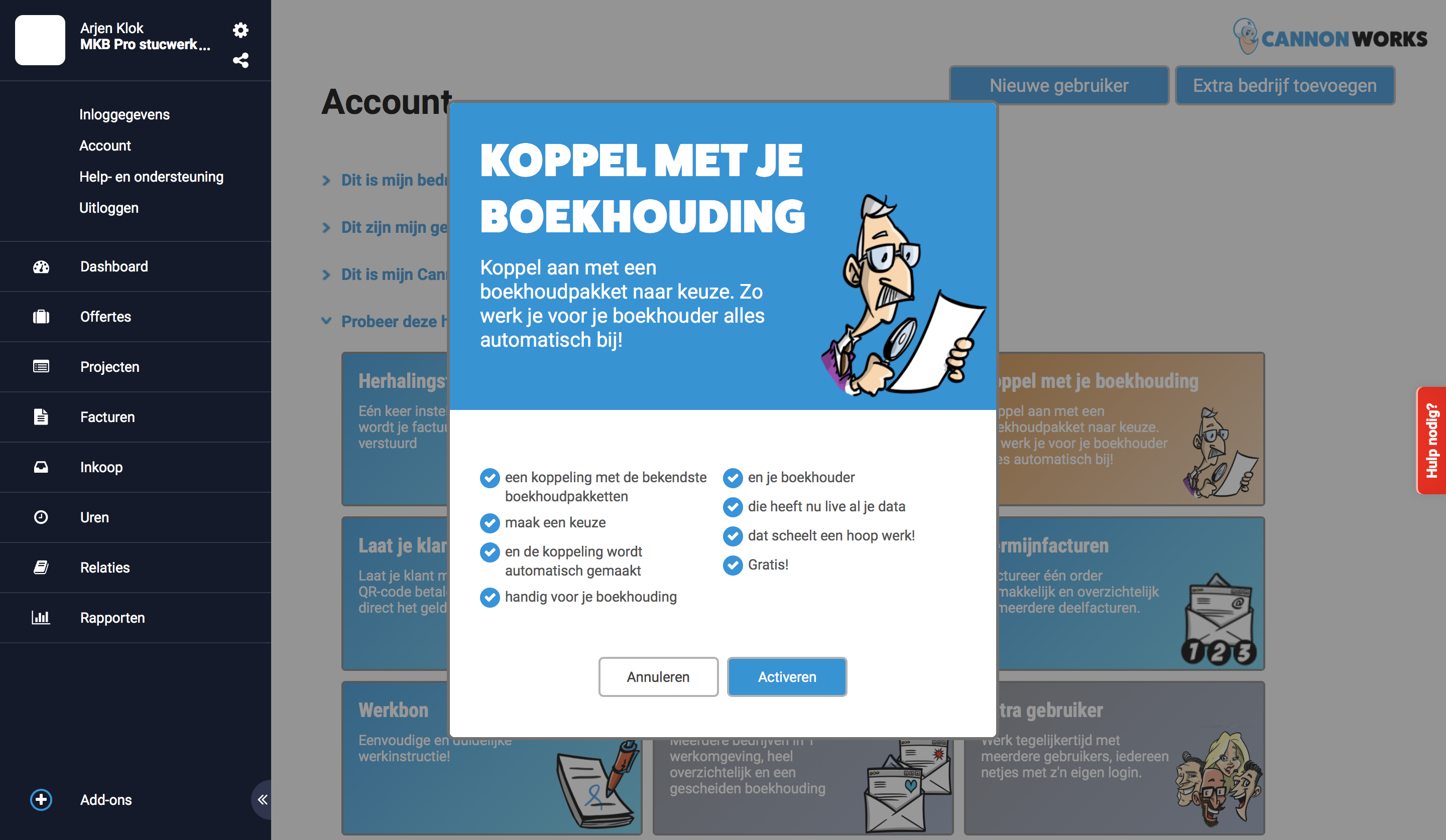 Koppel met je boekhouding in CannonWorks