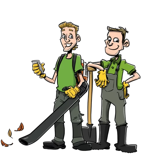 Hoveniers bij elkaar met telefoon en bladblazer